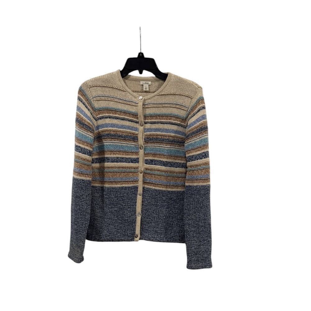 L.L. Bean Women’s Cotton Knit Striped Button Down Cardigan Sweater: Small